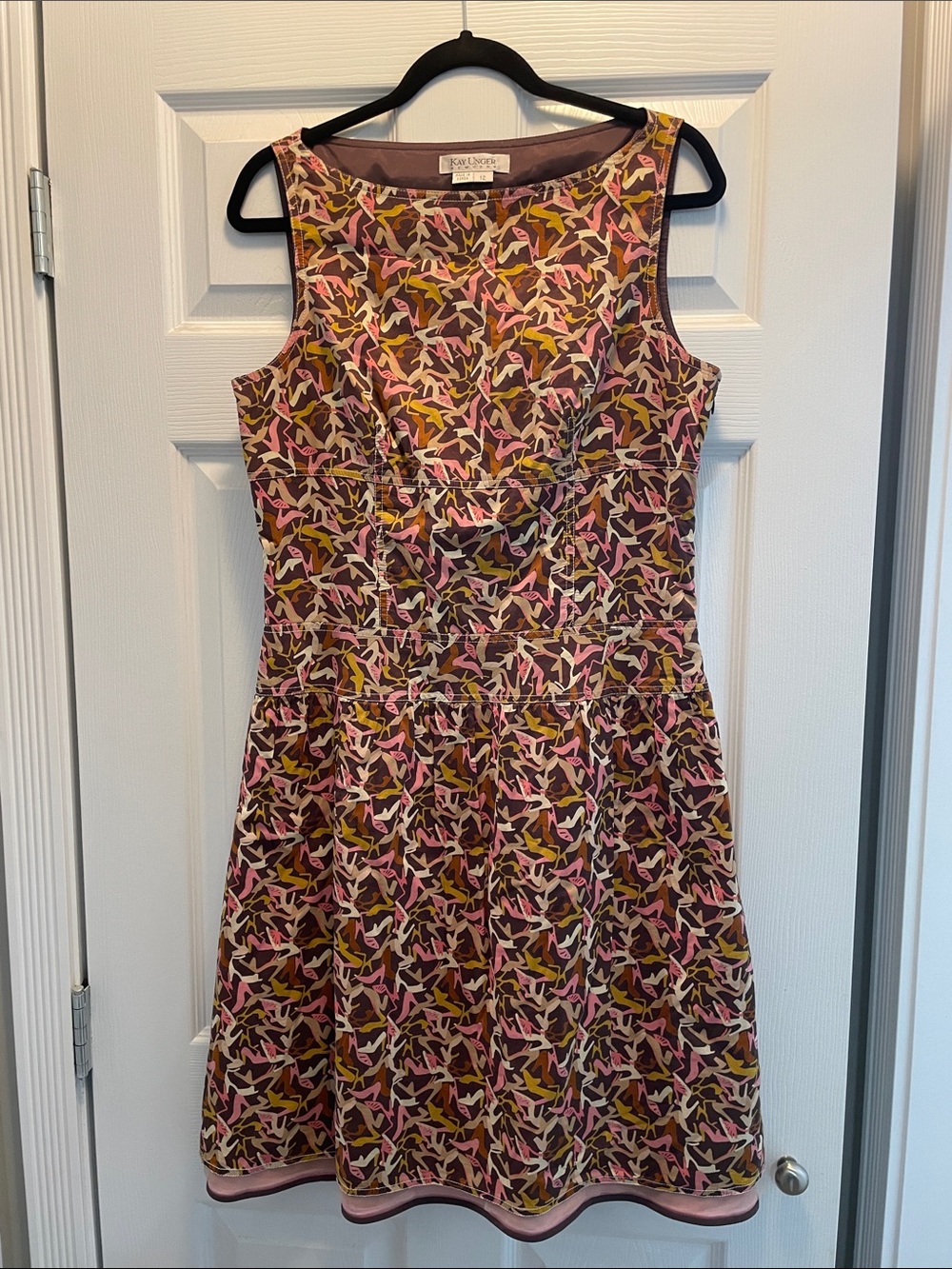 Kay Unger Pink Yellow Brown Patterned Sleeveless Fit-and-Flare Dress